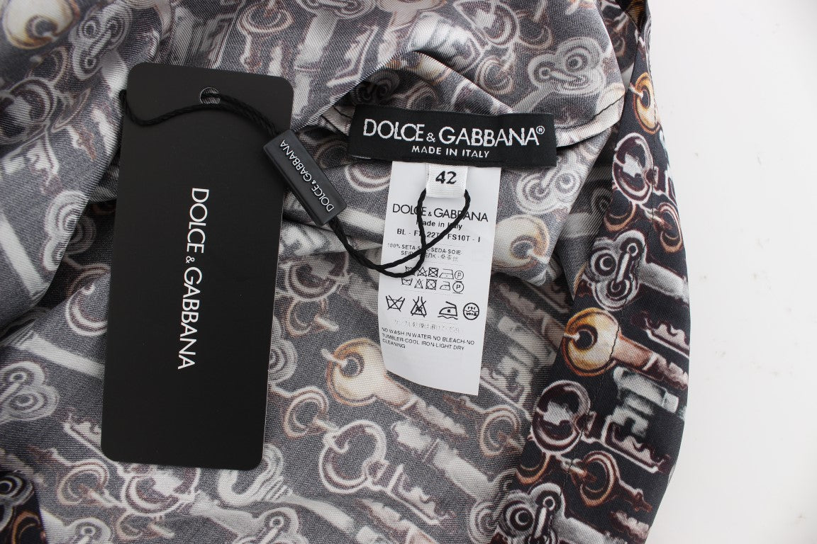 Dolce & Gabbana Gray Gold Key Print Silk Blouse T-shirt Dolce & Gabbana