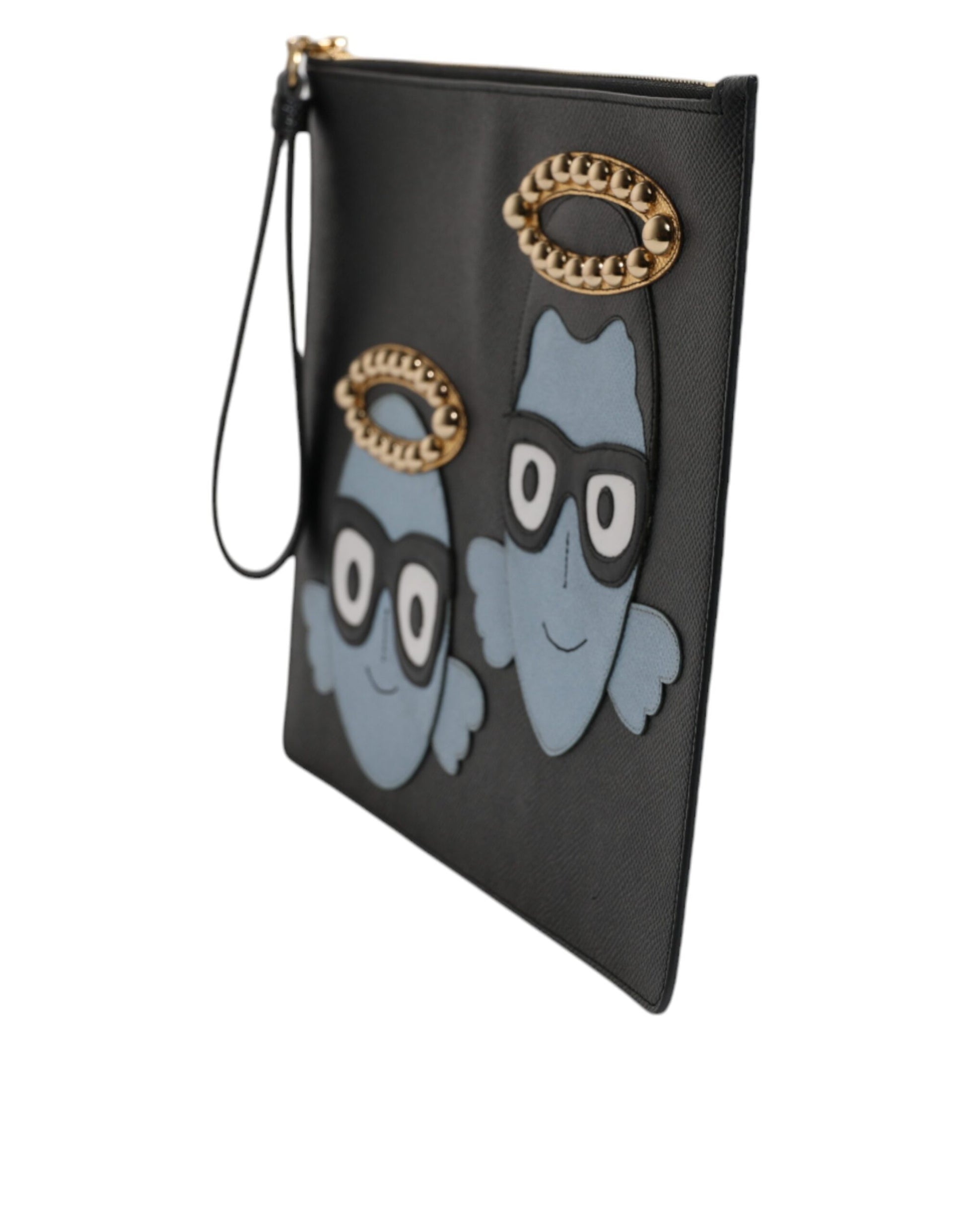 Dolce & Gabbana Black Leather #DGFAMILY Embellished Men Zip Pouch Bag Dolce & Gabbana