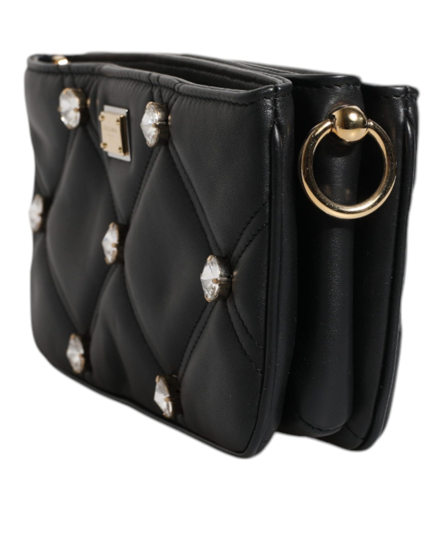 Dolce & Gabbana Black Leather Crystal Embellished Logo Shoulder Bag Dolce & Gabbana