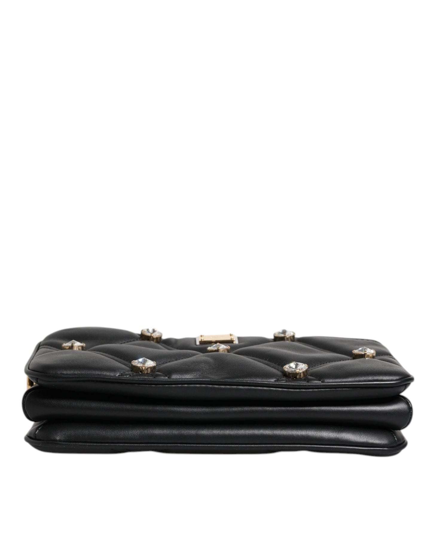 Dolce & Gabbana Black Leather Crystal Embellished Logo Shoulder Bag Dolce & Gabbana