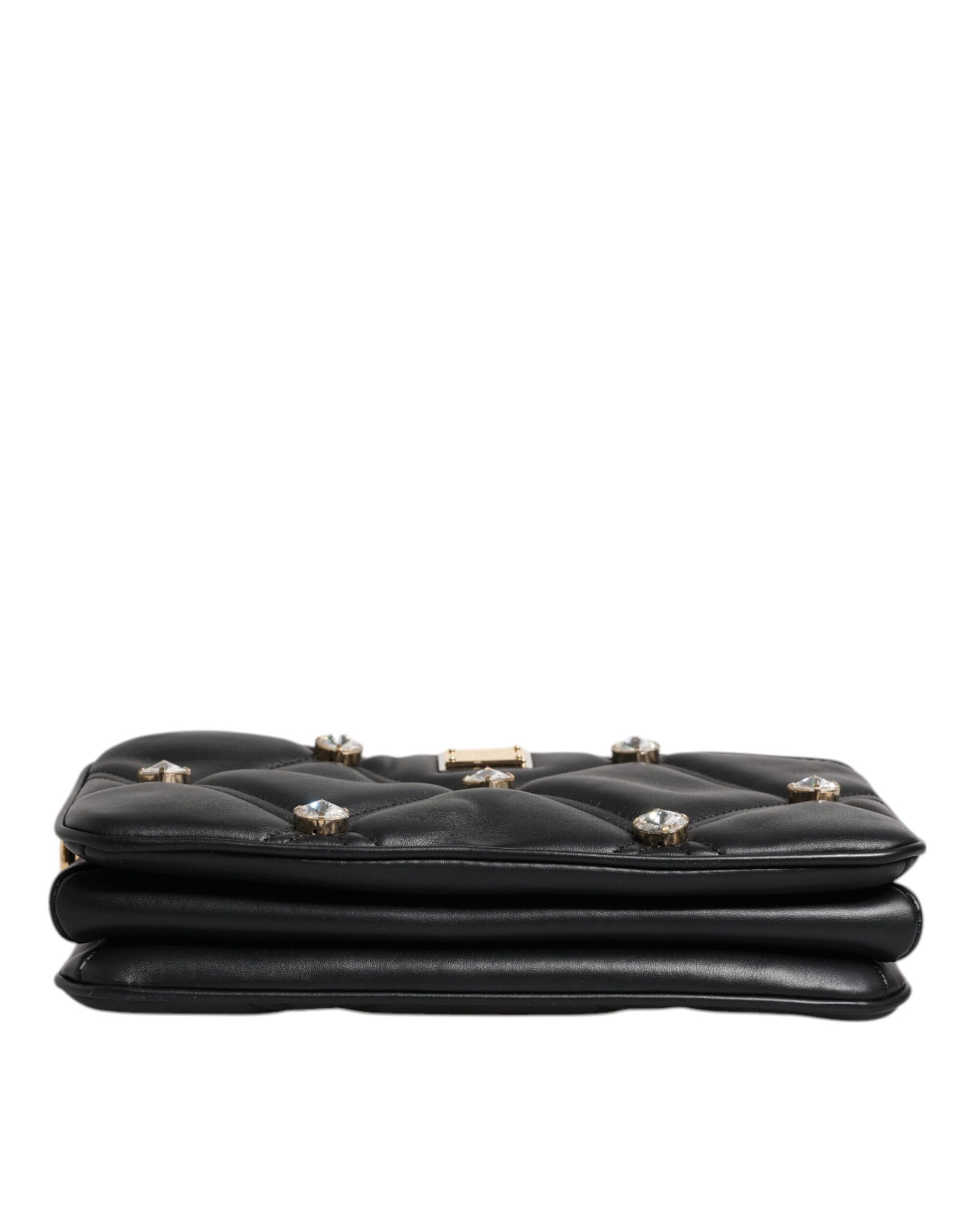 Dolce & Gabbana Black Leather Crystal Embellished Logo Shoulder Bag Dolce & Gabbana