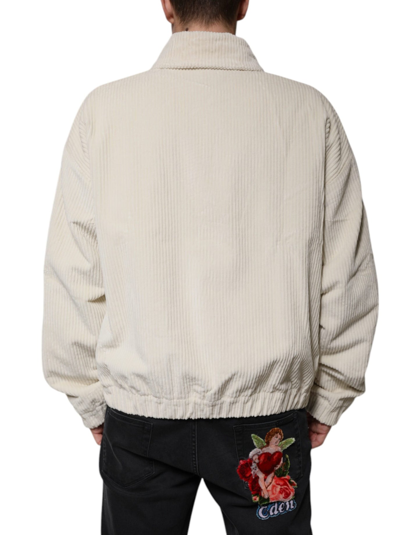 Dolce & Gabbana Beige Logo Applique Cotton Corduroy Full Zip Jacket Dolce & Gabbana