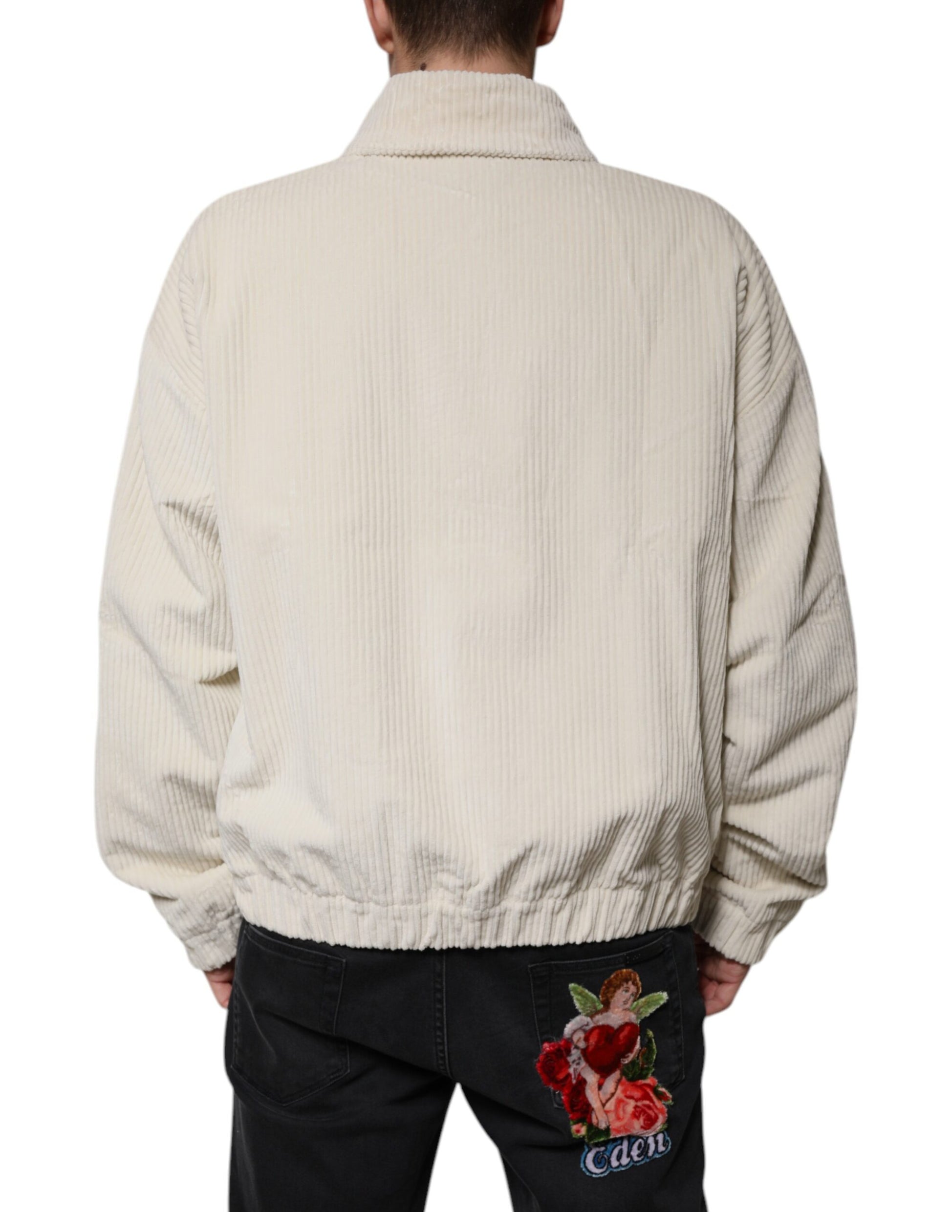Dolce & Gabbana Beige Logo Applique Cotton Corduroy Full Zip Jacket Dolce & Gabbana