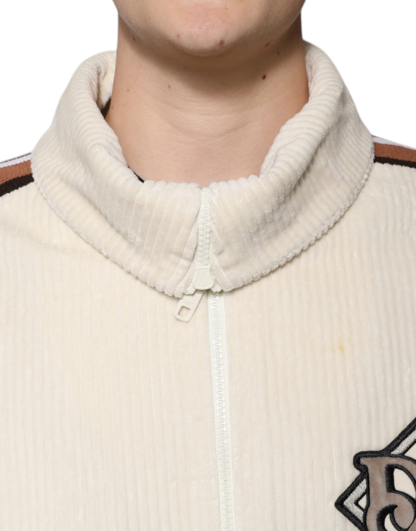 Dolce & Gabbana Beige Logo Applique Cotton Corduroy Full Zip Jacket Dolce & Gabbana