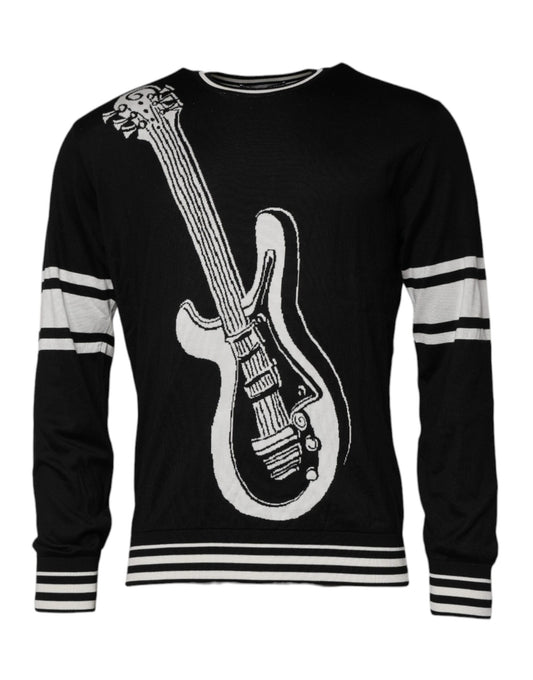Dolce & Gabbana Black White Guitar Silk Crew Neck Sweater Dolce & Gabbana