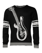 Dolce & Gabbana Black White Guitar Silk Crew Neck Sweater - Eljoys Fashion 