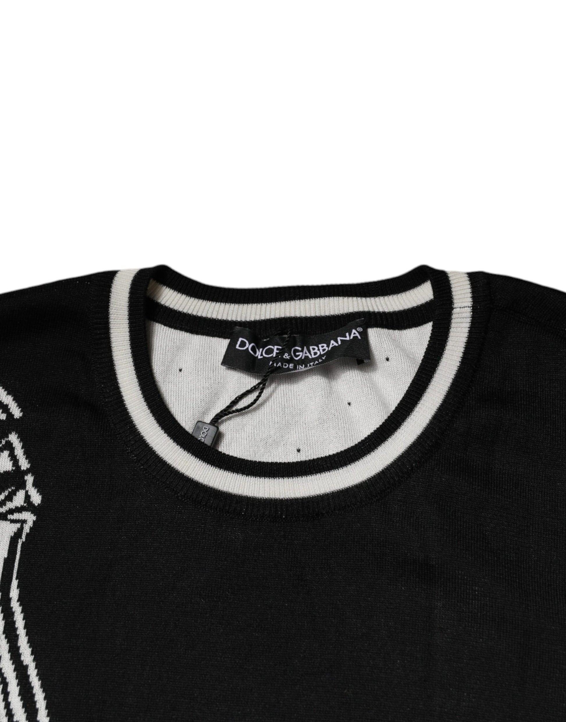 Dolce & Gabbana Black White Guitar Silk Crew Neck Sweater Dolce & Gabbana