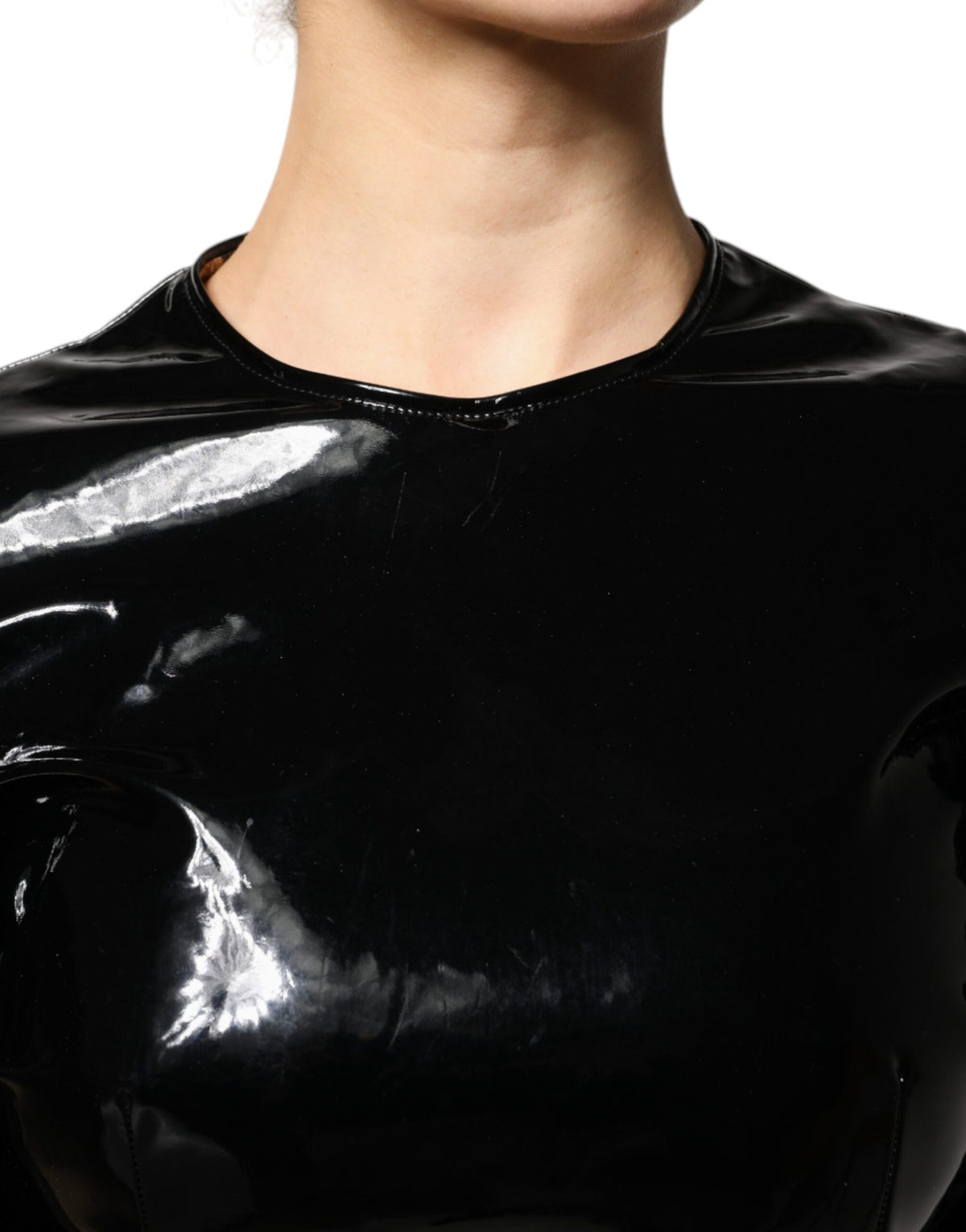 Dolce & Gabbana Black Patent Leather Puff Sleeves Mini Dress - Eljoys Fashion 