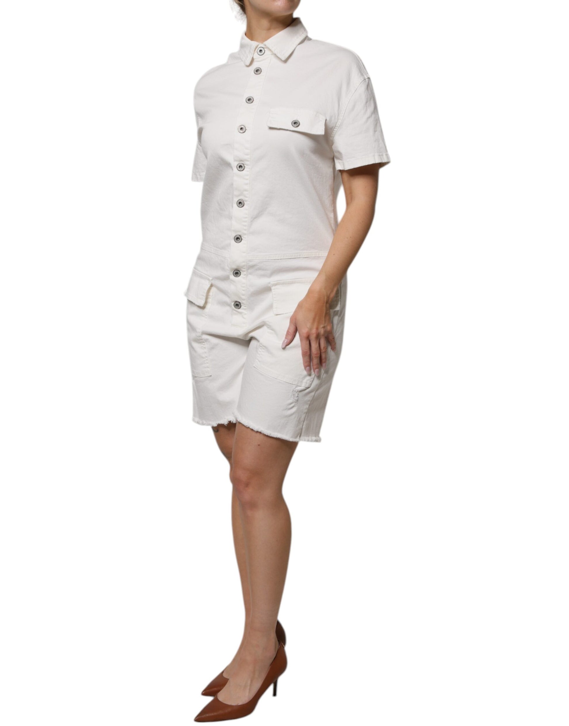 Please White Cotton Short Sleeves Button Down Romper Dress Please