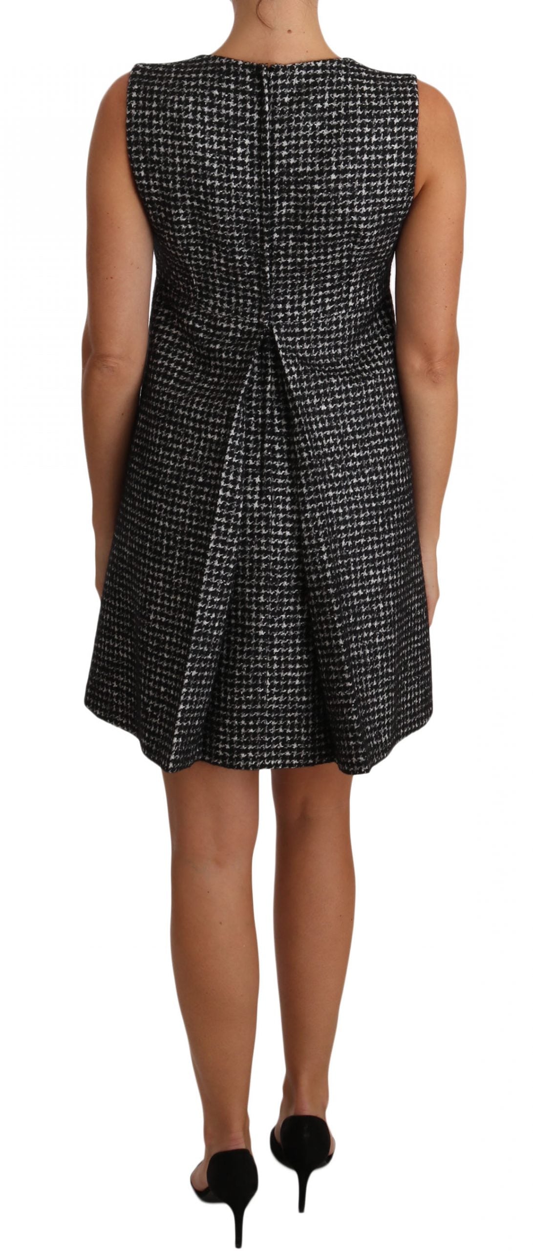 Dolce & Gabbana Gray Houndstooth Floral Appliqué Shift Mini Dress Dolce & Gabbana