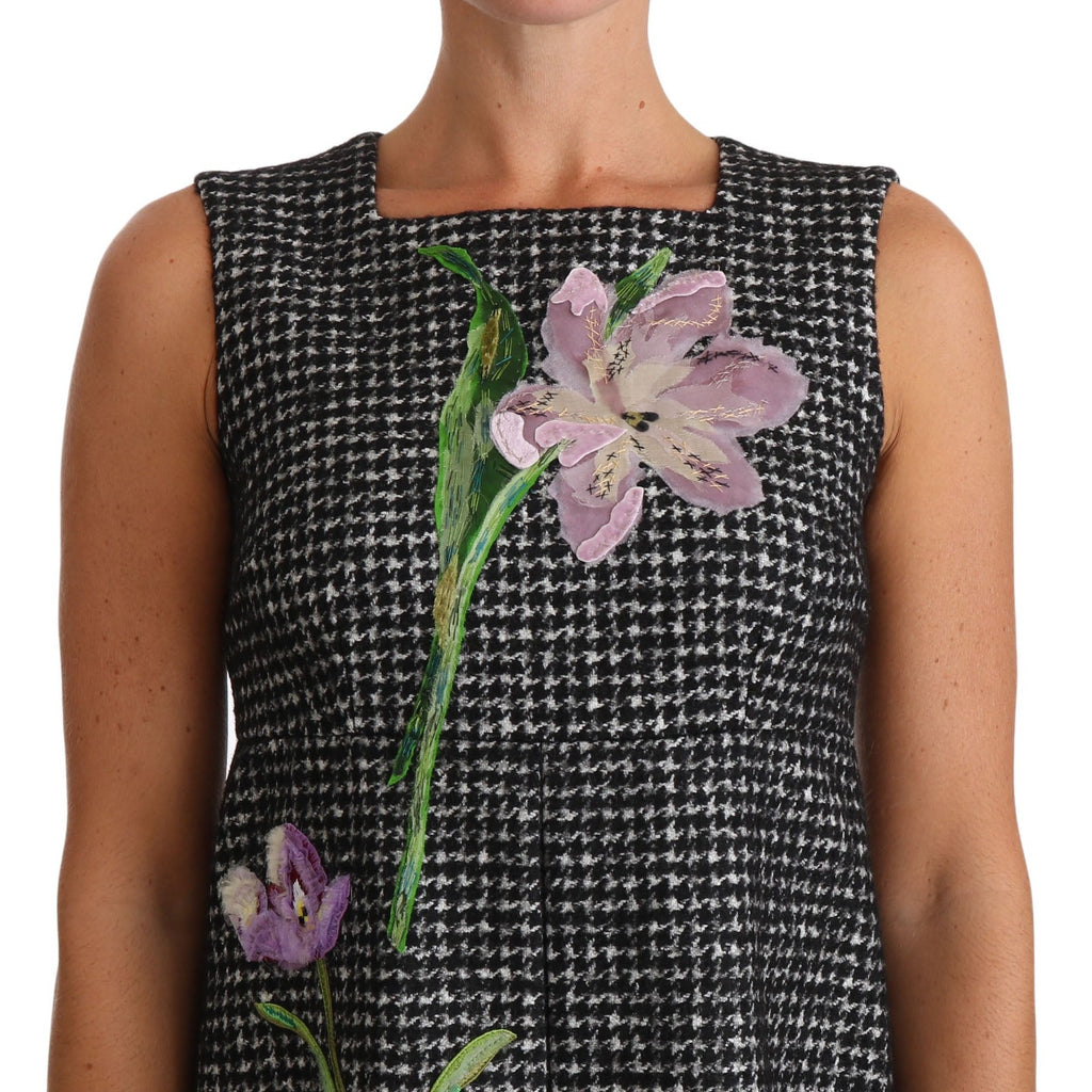 Dolce & Gabbana Gray Houndstooth Floral Appliqué Shift Mini Dress