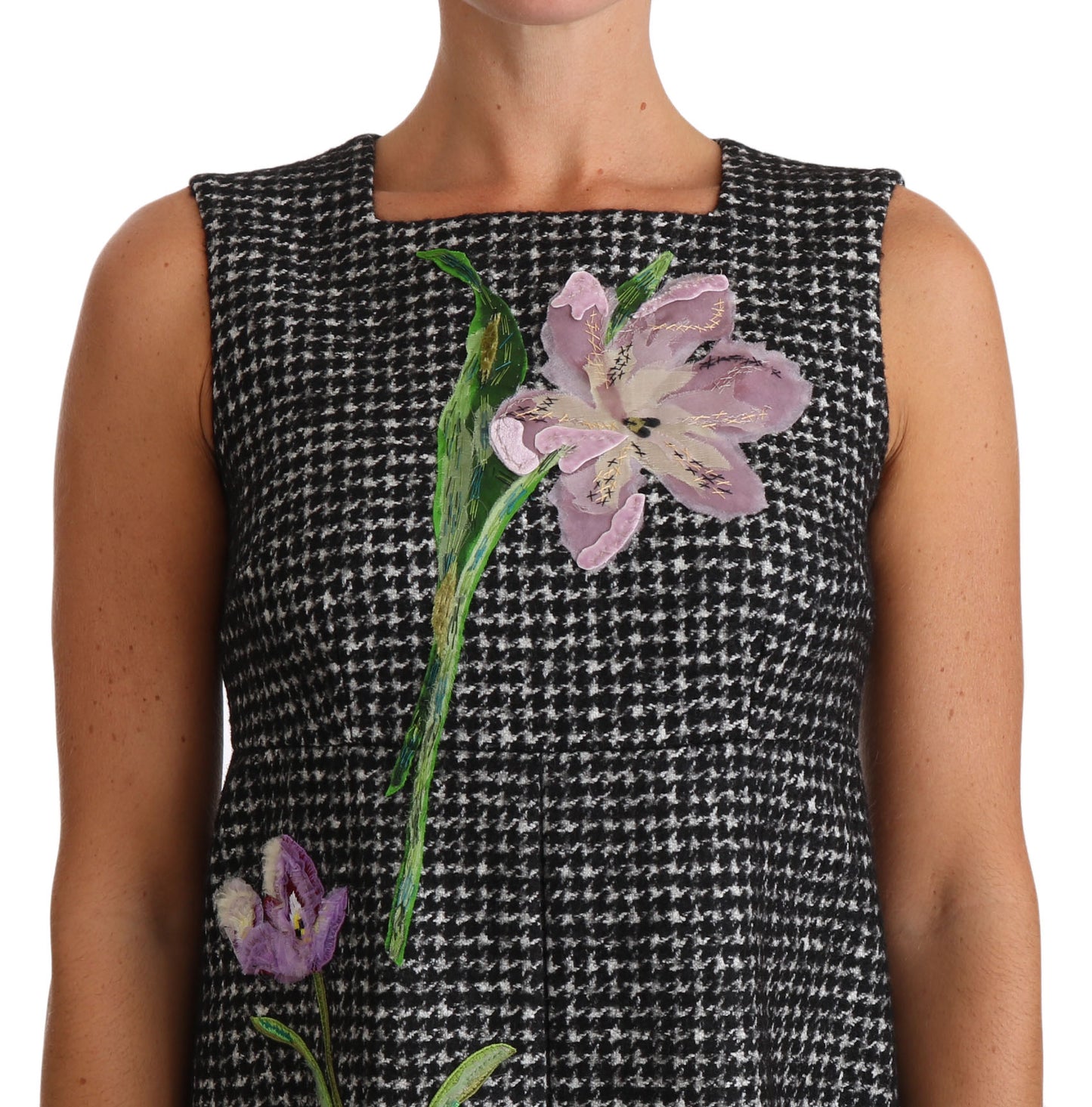 Dolce & Gabbana Gray Houndstooth Floral Appliqué Shift Mini Dress Dolce & Gabbana