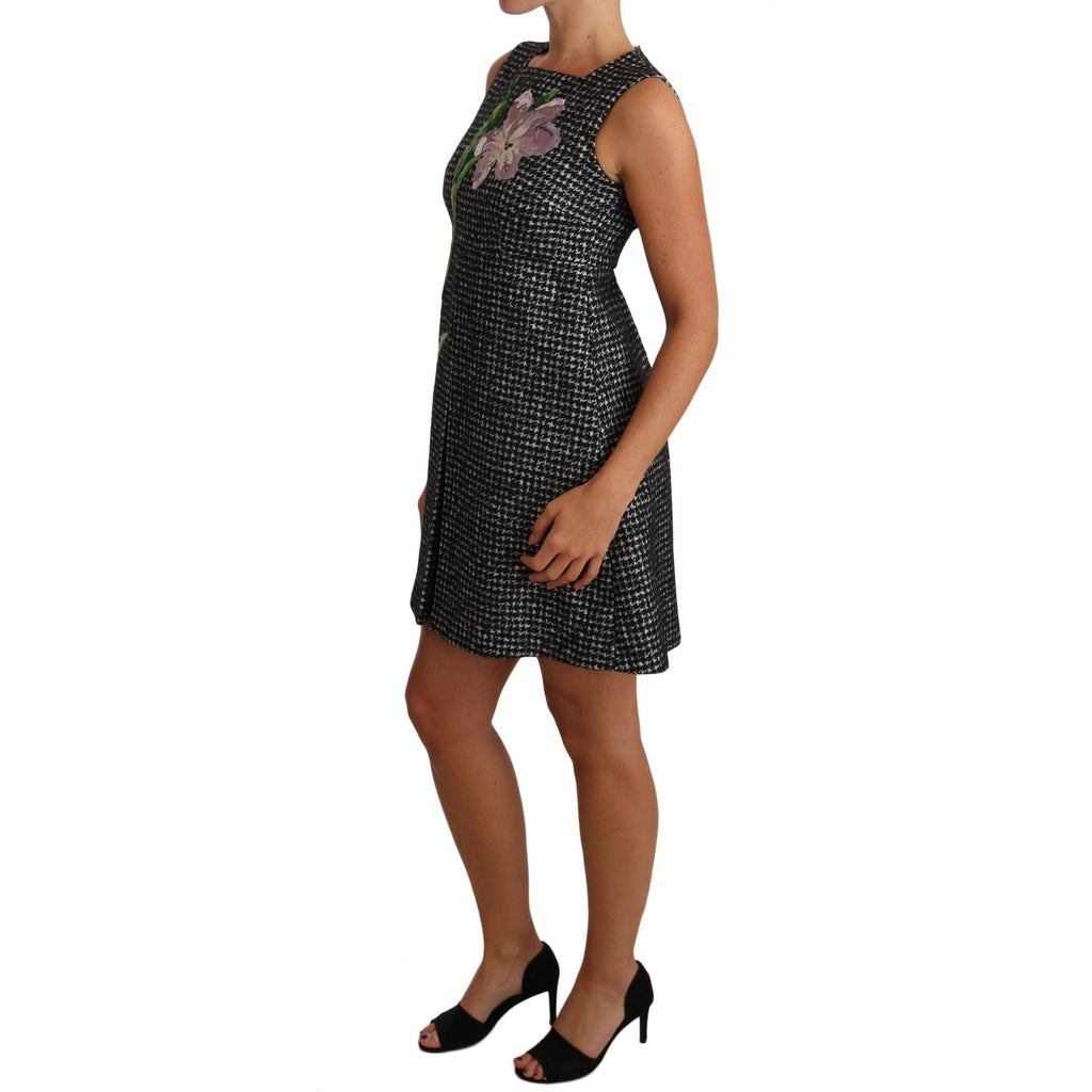 Dolce & Gabbana Gray Houndstooth Floral Appliqué Shift Mini Dress