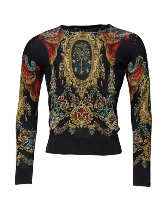Dolce & Gabbana Black Heraldic DG Silk Round Neck Pullover Sweater Dolce & Gabbana