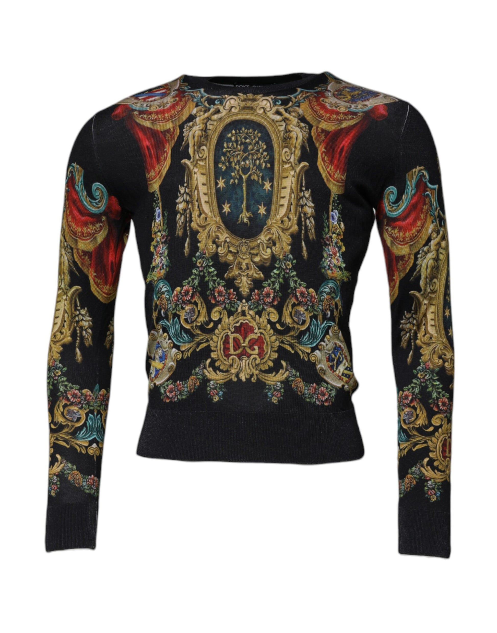 Dolce & Gabbana Black Heraldic DG Silk Round Neck Pullover Sweater Dolce & Gabbana