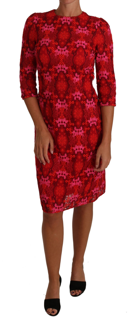 Dolce & Gabbana Floral Crochet Lace Red Pink Sheath Dress Dolce & Gabbana