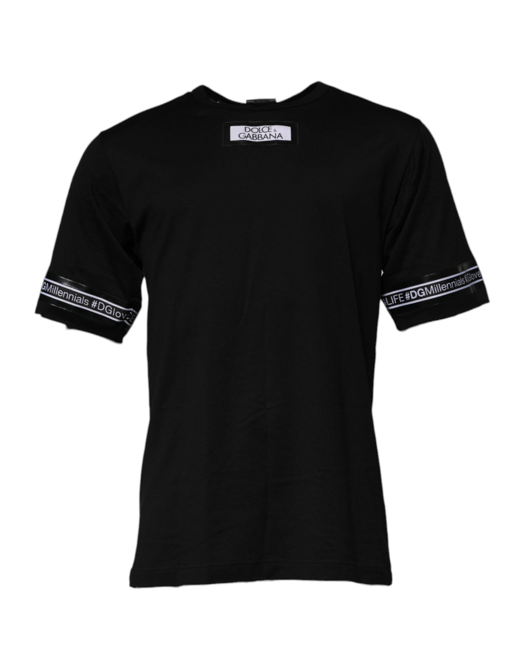 Black Dolce & Gabbana DGMILLENNIALS cotton crew neck T-shirt with subtle logo detail, displayed flat on a white background.