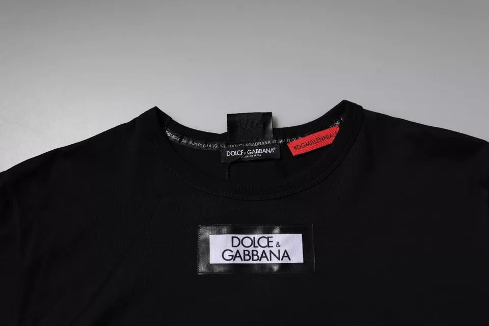 Dolce & Gabbana black cotton crew neck T-shirt with #DGMILLENNIALS print, casual men's fashion, front view.