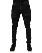 Dolce & Gabbana Black Tattered Cotton Skinny Men Denim Jeans - Eljoys Fashion 