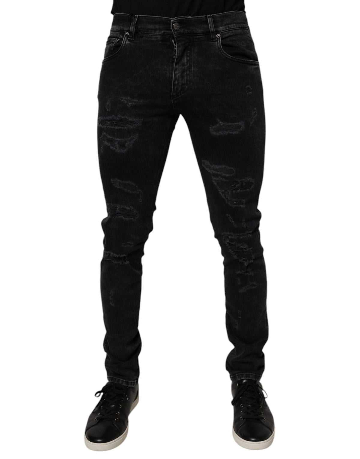 Dolce & Gabbana Black Tattered Cotton Skinny Men Denim Jeans - Eljoys Fashion 