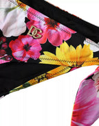 Dolce & Gabbana black floral print bikini bottom, stylish swimwear with colorful floral pattern and sleek fit.