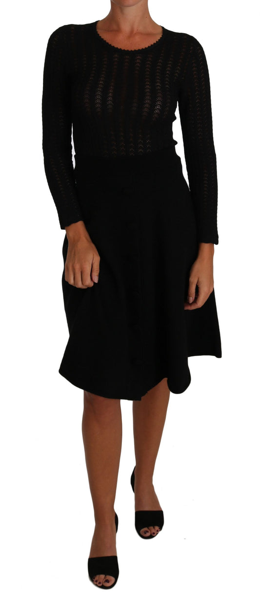Dolce & Gabbana Black Knitted Wool Sheath Long Sleeves Dress Dolce & Gabbana