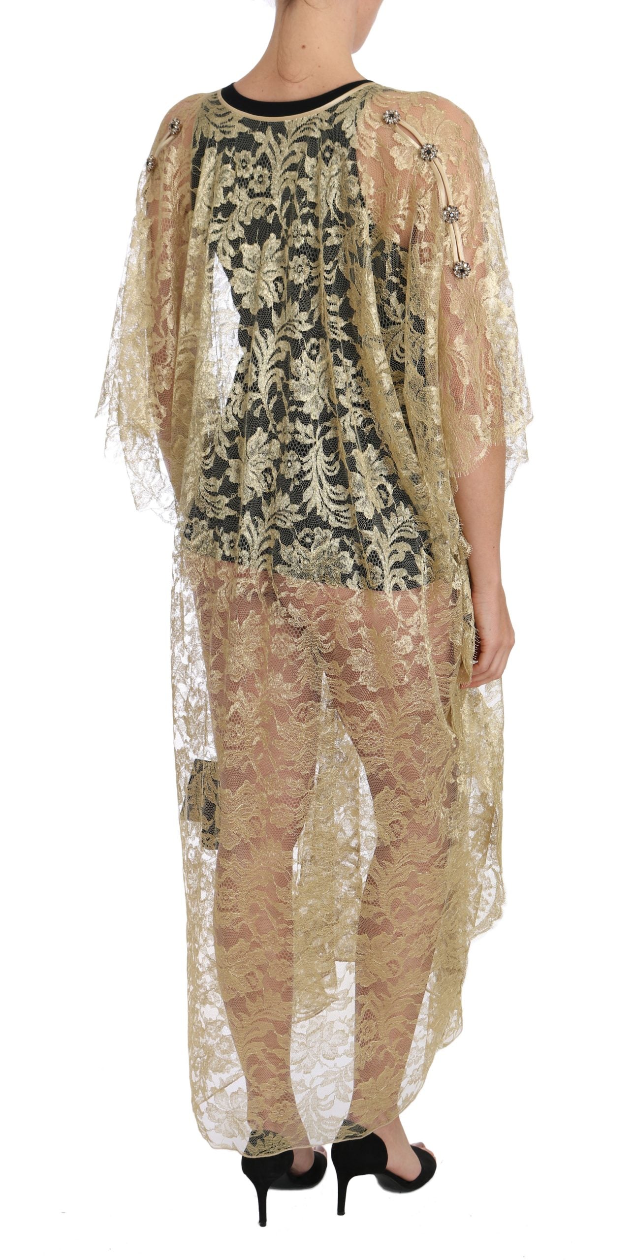 Dolce & Gabbana Gold Floral Lace Crystal Gown Cape Dress Dolce & Gabbana