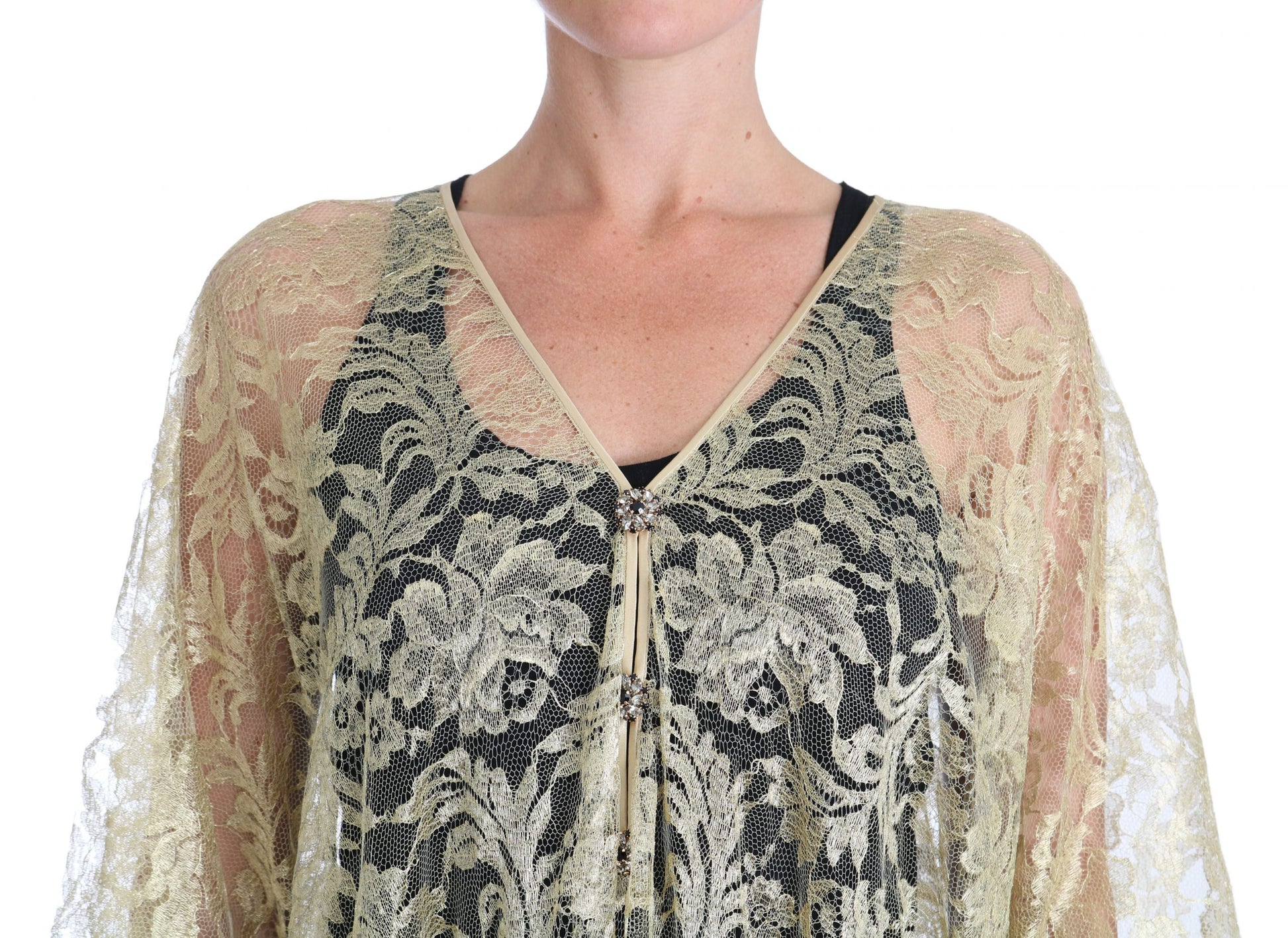 Dolce & Gabbana Gold Floral Lace Crystal Gown Cape Dress Dolce & Gabbana