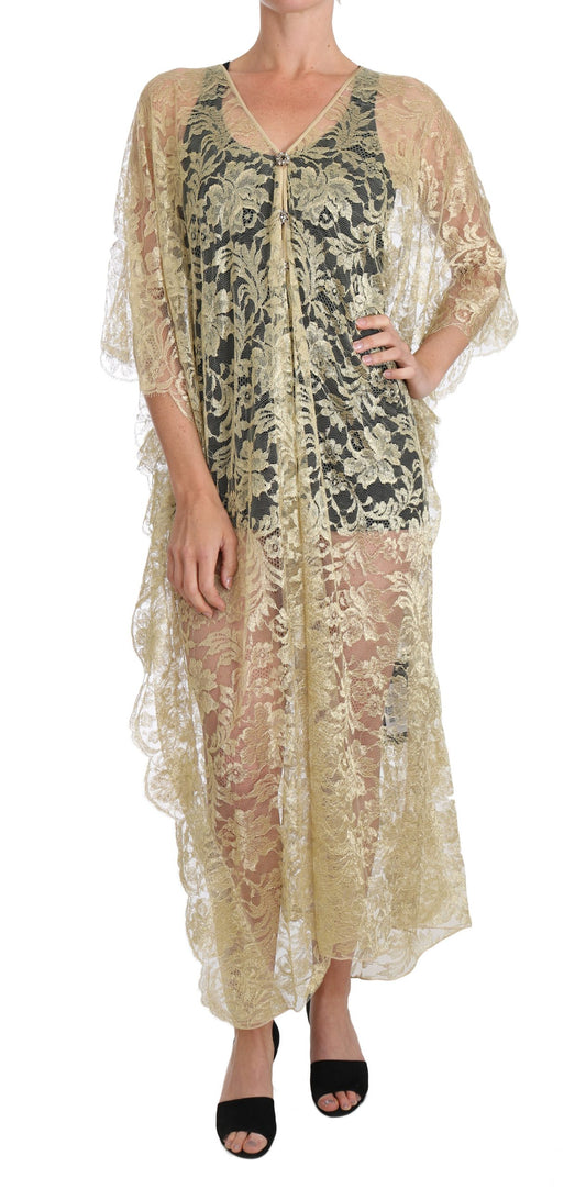 Dolce & Gabbana Gold Floral Lace Crystal Gown Cape Dress Dolce & Gabbana