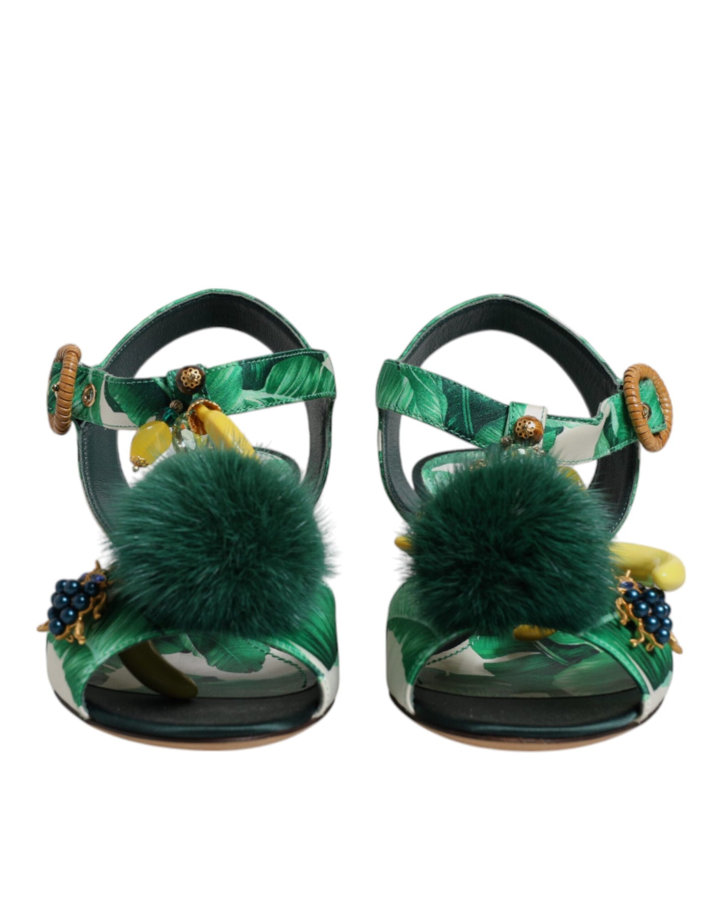 Dolce & Gabbana Green Crystal Fur Embellished Sandals Shoes Dolce & Gabbana