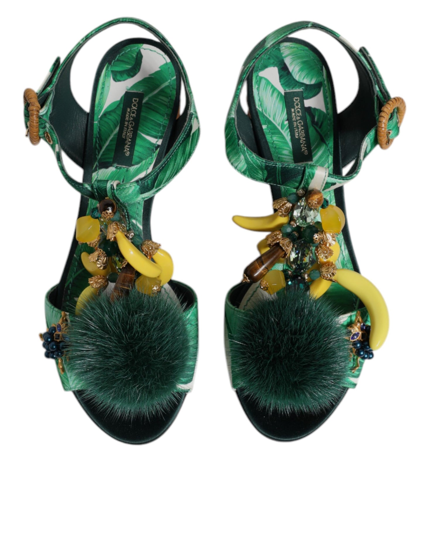 Dolce & Gabbana Green Crystal Fur Embellished Sandals Shoes Dolce & Gabbana