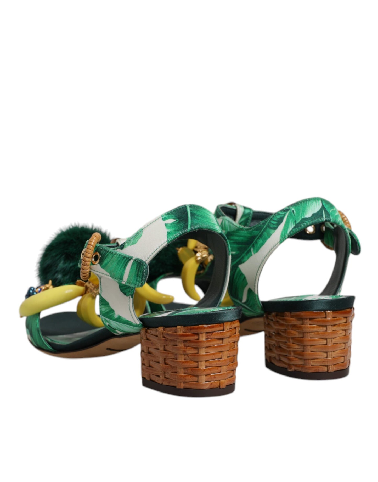 Dolce & Gabbana Green Crystal Fur Embellished Sandals Shoes Dolce & Gabbana