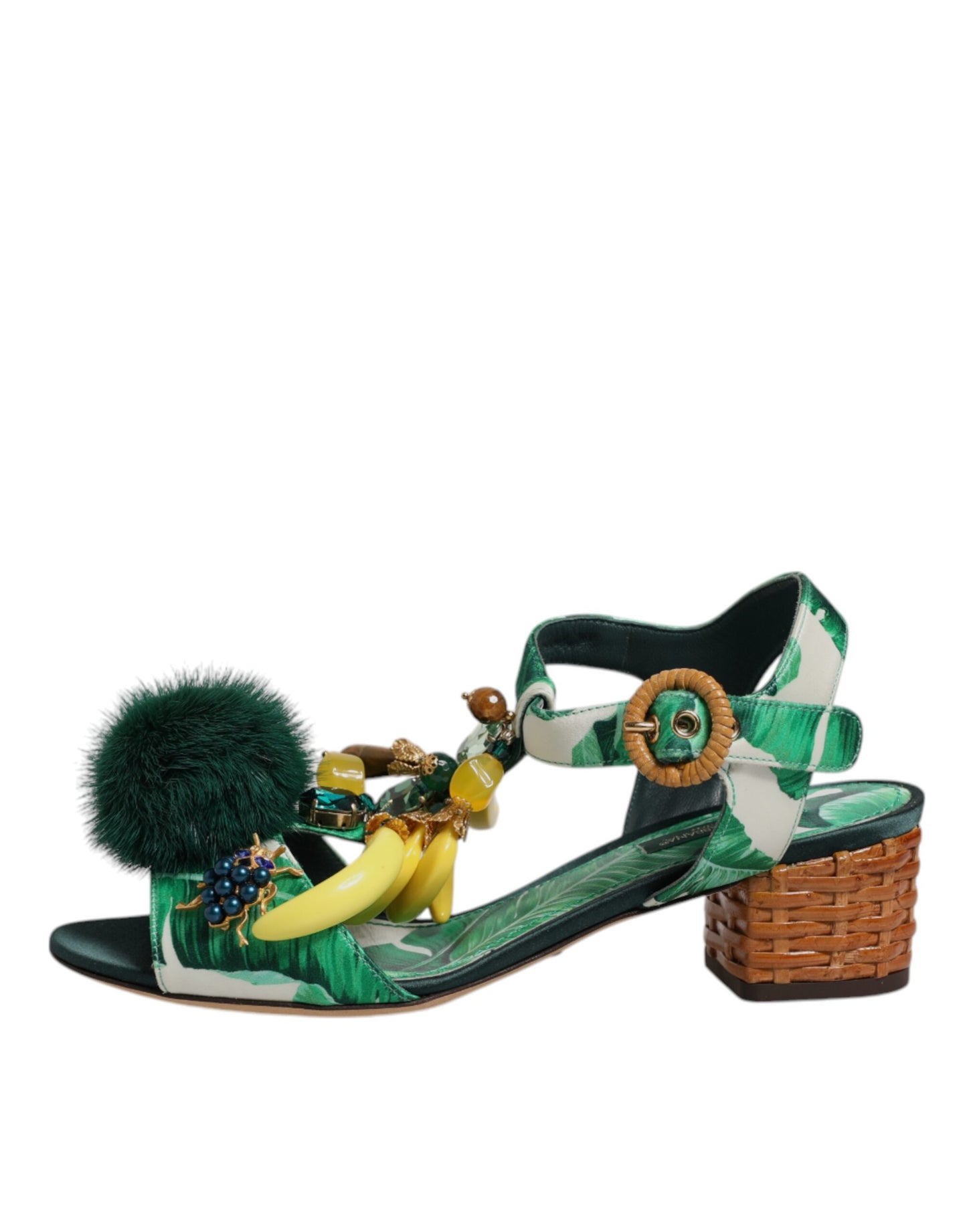 Dolce & Gabbana Green Crystal Fur Embellished Sandals Shoes Dolce & Gabbana