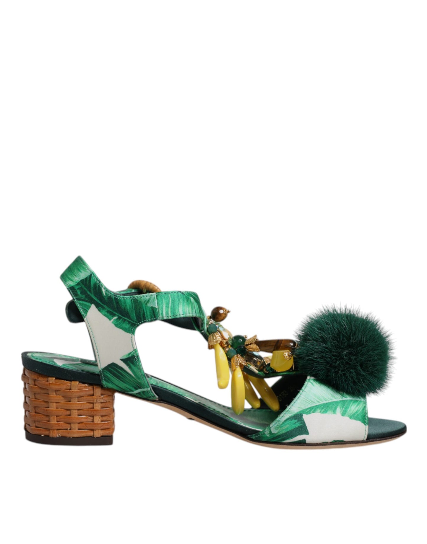 Dolce & Gabbana Green Crystal Fur Embellished Sandals Shoes Dolce & Gabbana