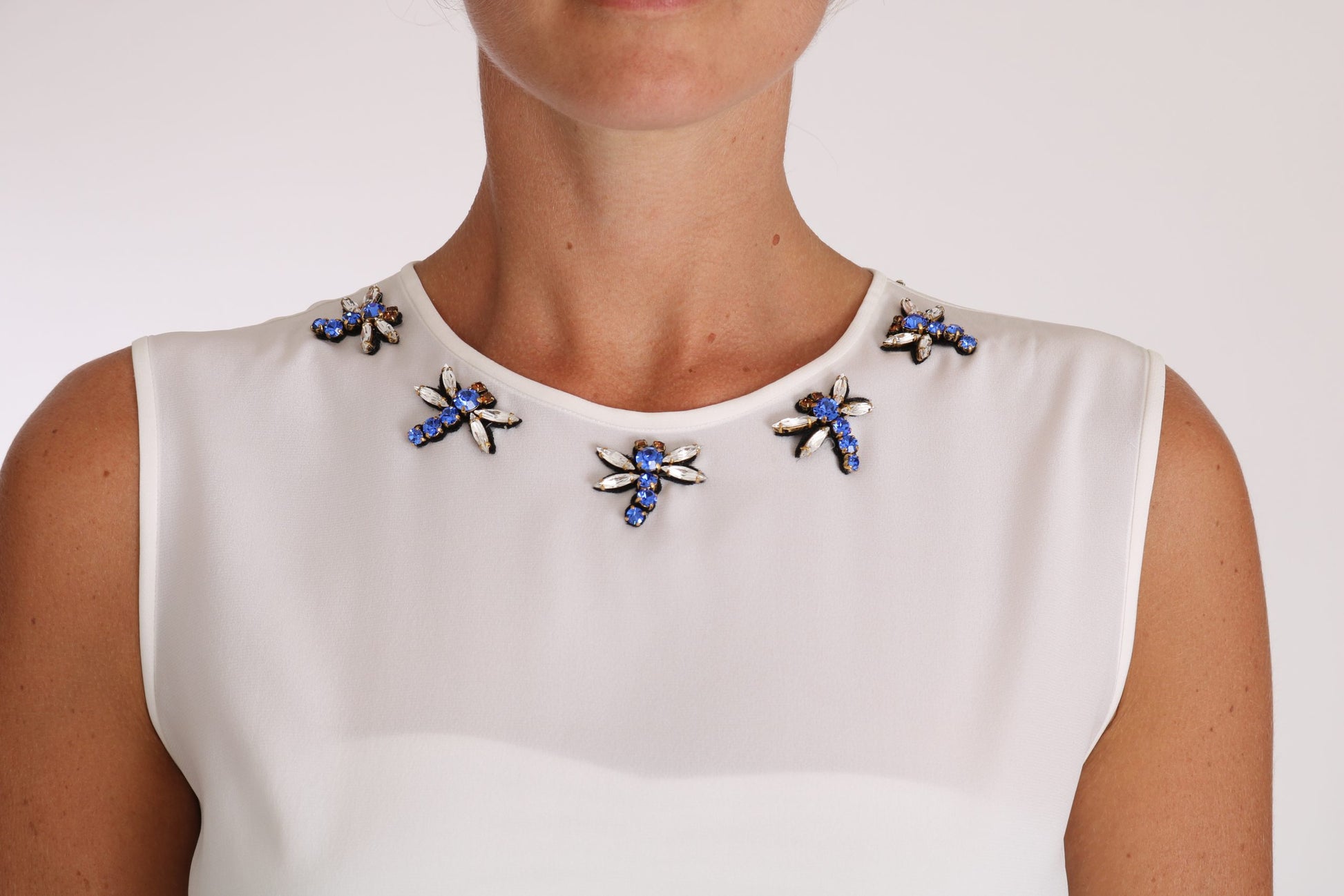 Dolce & Gabbana White Silk Crystal Embellished Fly T-shirt Dolce & Gabbana