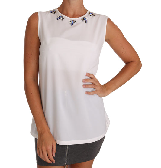 Dolce & Gabbana White Silk Crystal Embellished Fly T-shirt Dolce & Gabbana