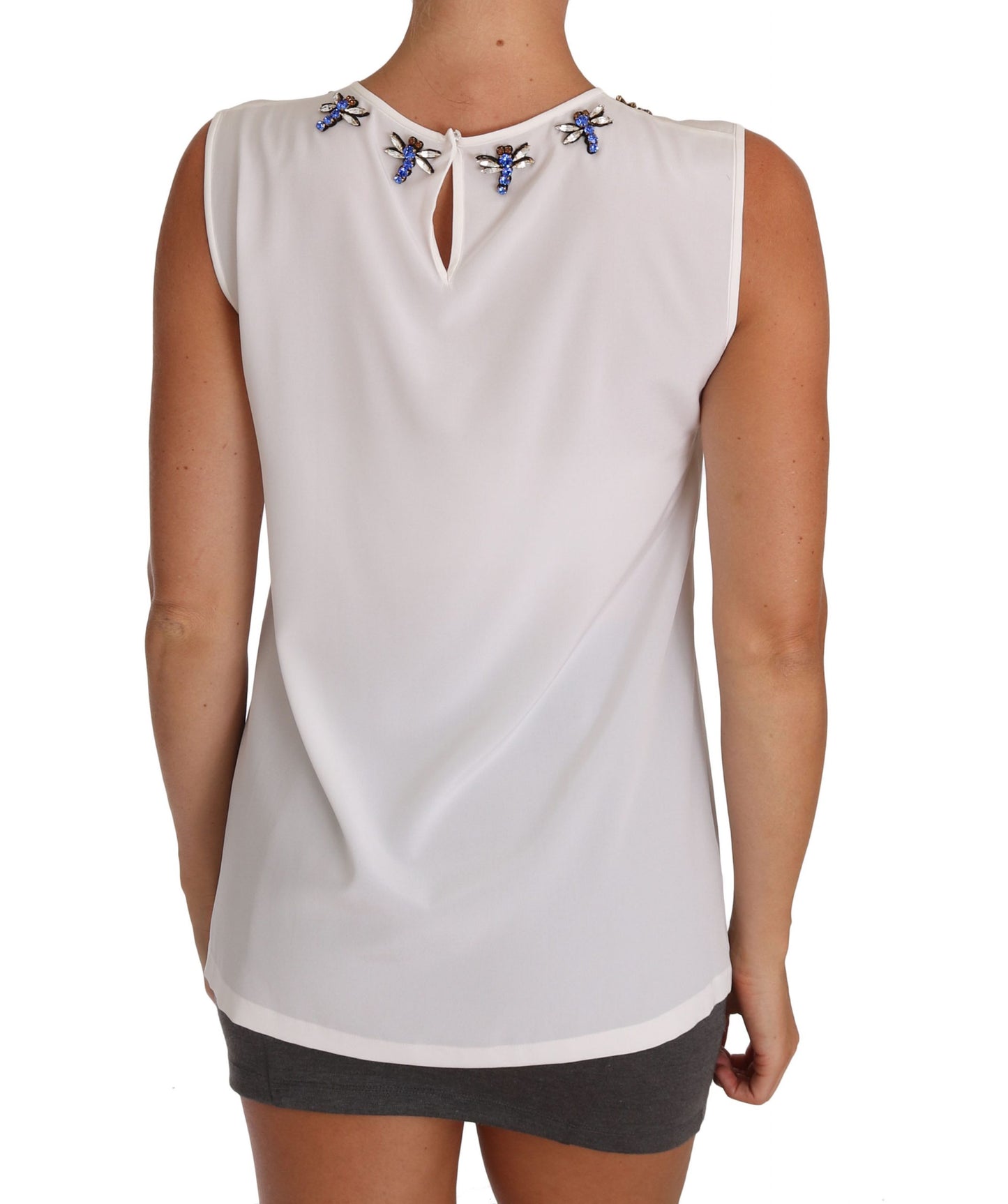 Dolce & Gabbana White Silk Crystal Embellished Fly T-shirt Dolce & Gabbana