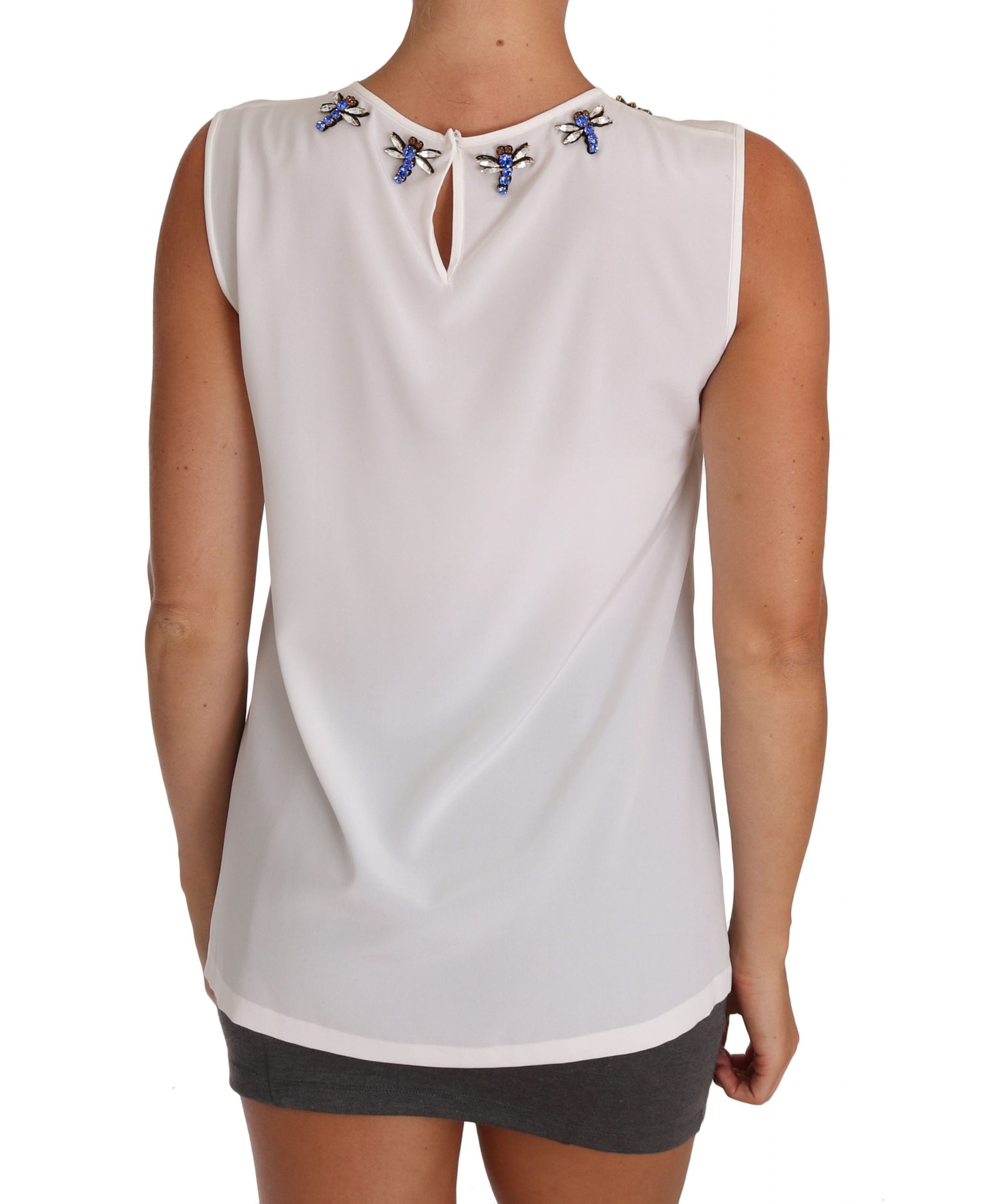 Dolce & Gabbana White Silk Crystal Embellished Fly T-shirt Dolce & Gabbana