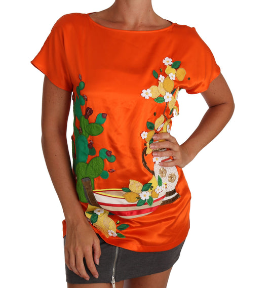 Dolce & Gabbana Silk Orange Lemon Crystal T-shirt Top Dolce & Gabbana