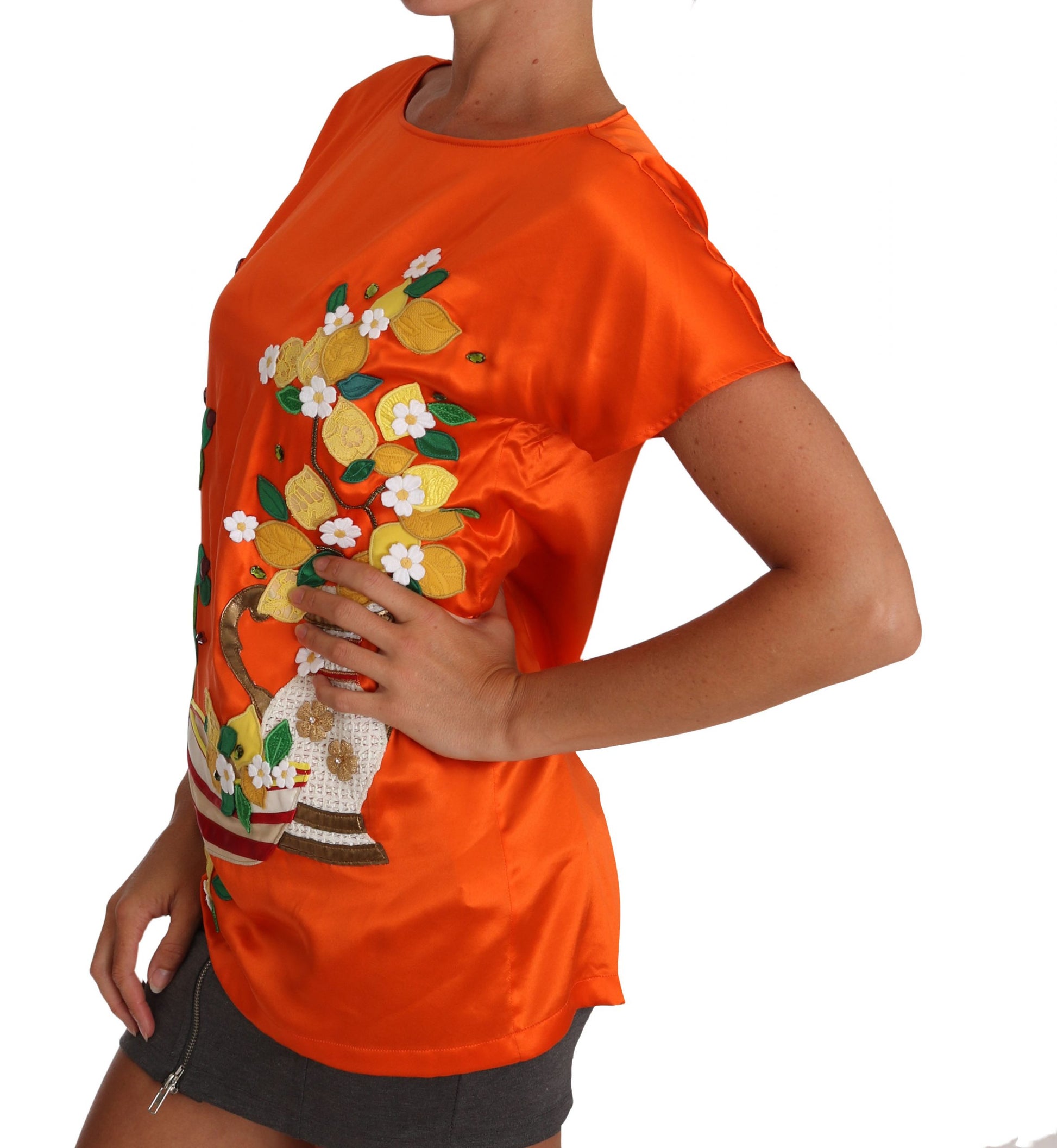 Dolce & Gabbana Silk Orange Lemon Crystal T-shirt Top Dolce & Gabbana