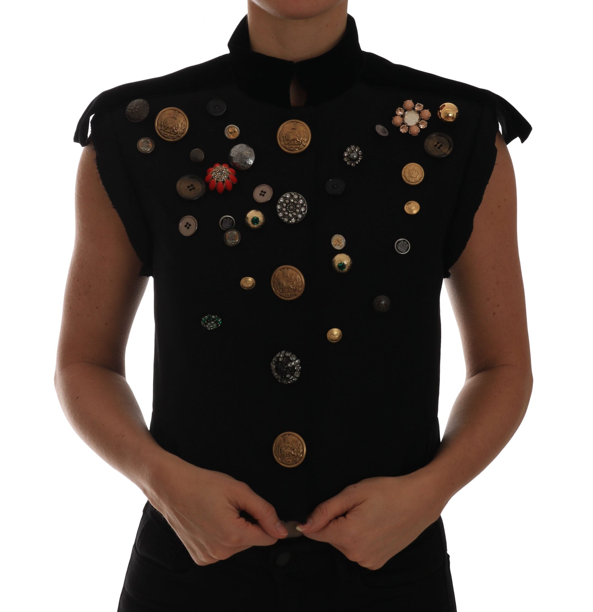 Dolce & Gabbana Black Embellished Floral Military Jacket Vest Dolce & Gabbana