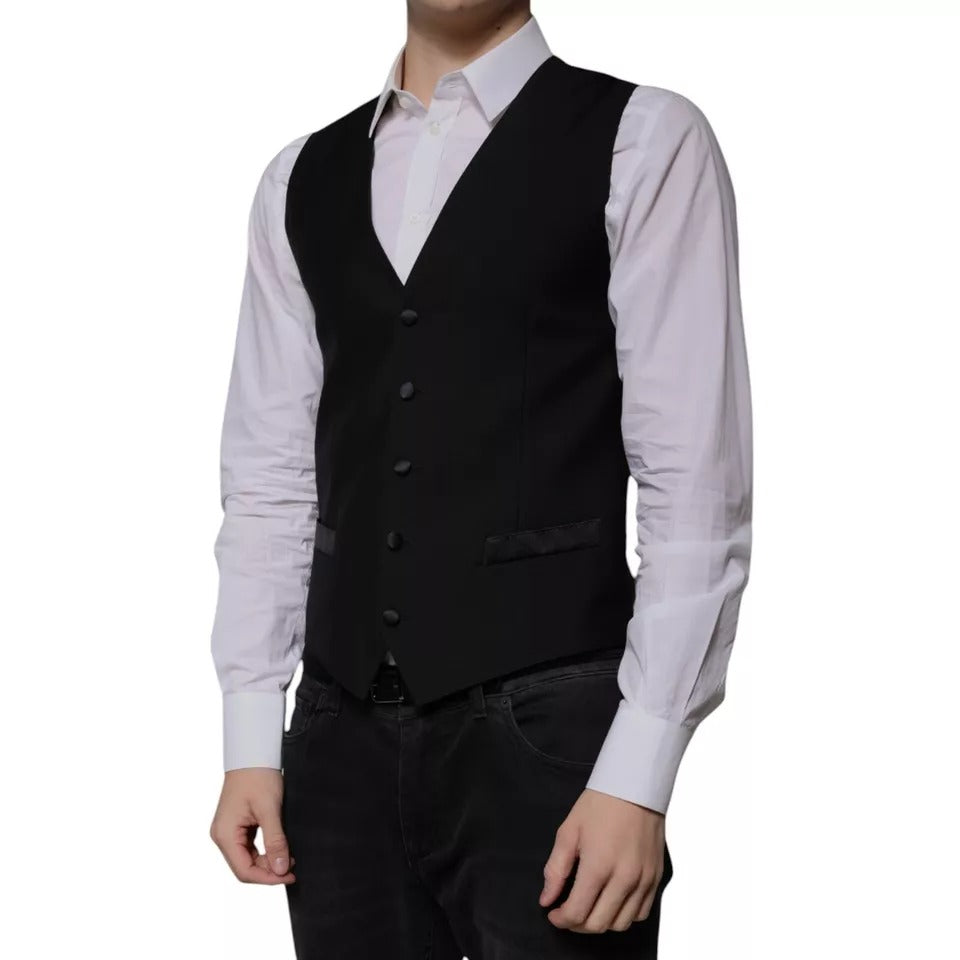Dolce & Gabbana Black Wool Formal Dress Men Waistcoat Vest - Eljoys Fashion 