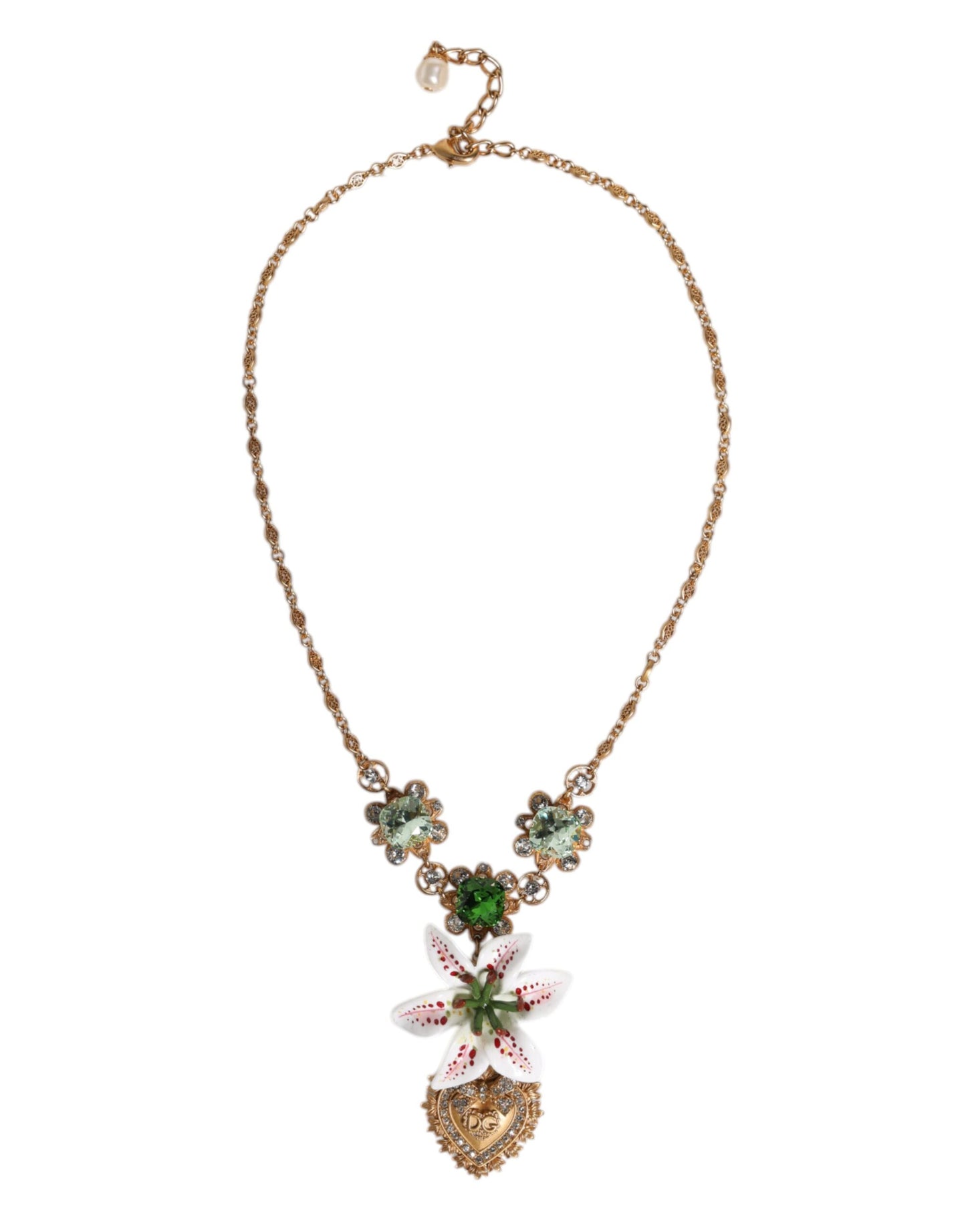 Dolce & Gabbana Gold Brass Lily Crystal Sacred Heart Pendant Necklace Dolce & Gabbana