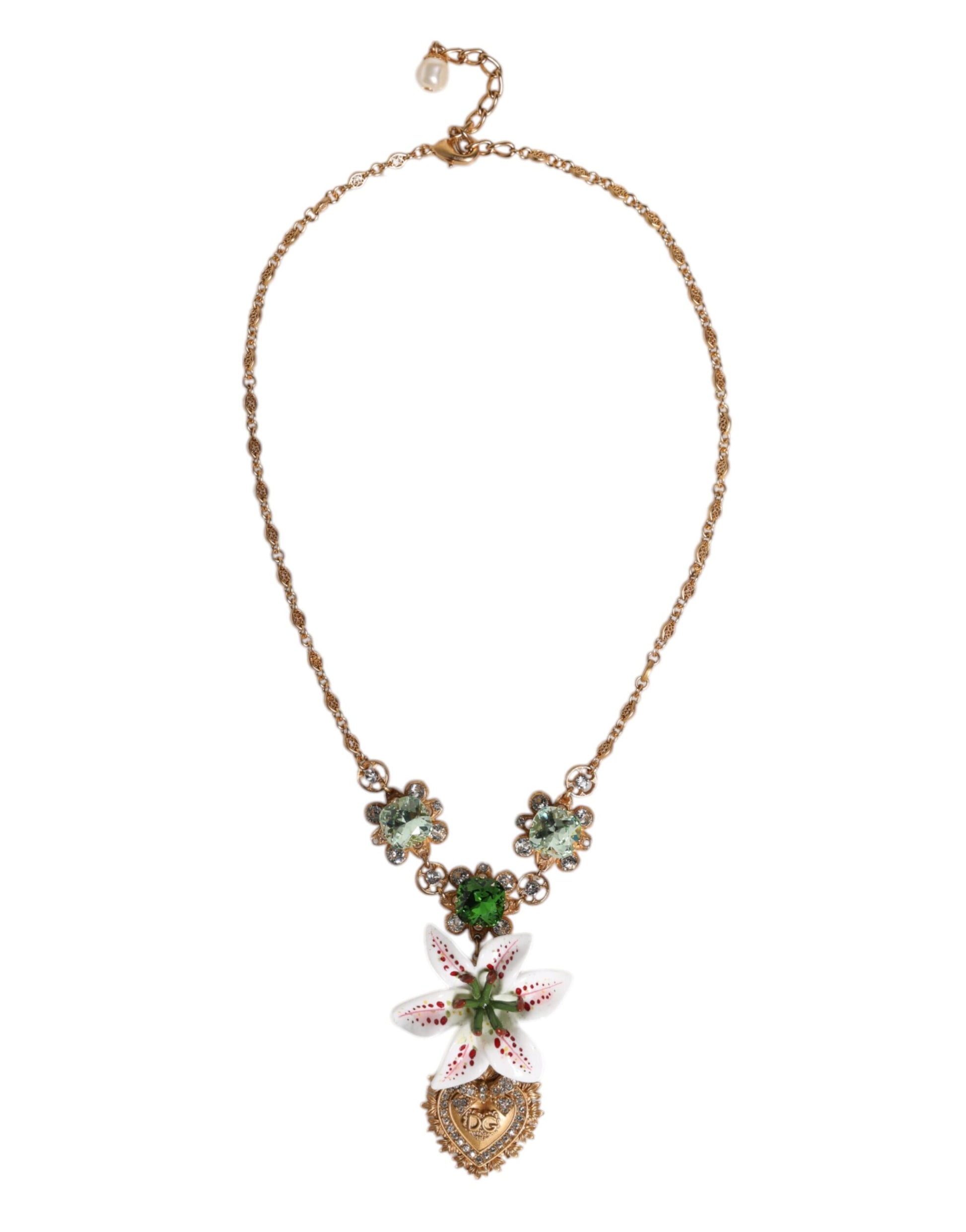 Dolce & Gabbana Gold Brass Lily Crystal Sacred Heart Pendant Necklace Dolce & Gabbana