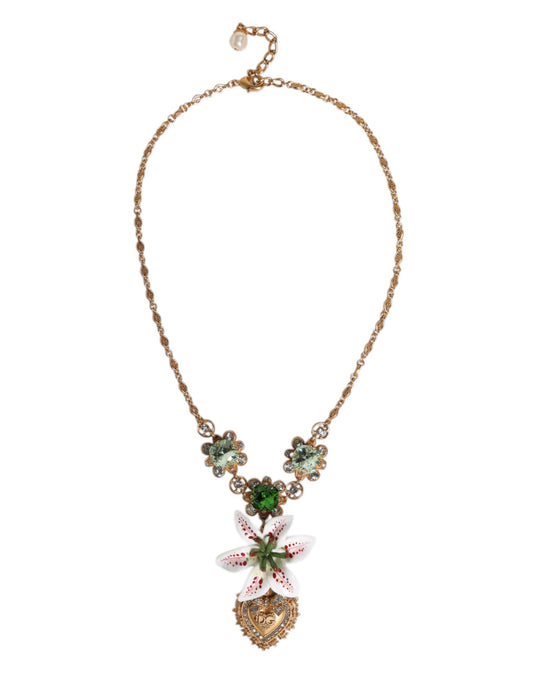 Dolce & Gabbana Gold Brass Lily Crystal Sacred Heart Pendant Necklace Dolce & Gabbana