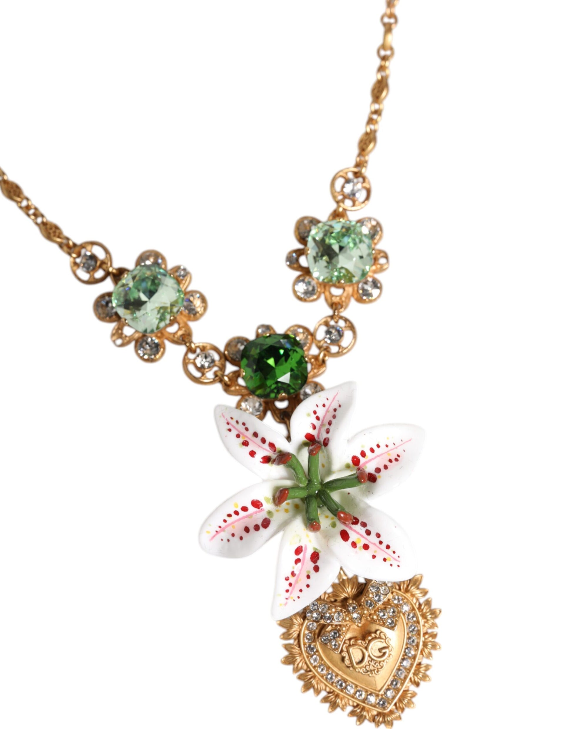 Dolce & Gabbana Gold Brass Lily Crystal Sacred Heart Pendant Necklace Dolce & Gabbana