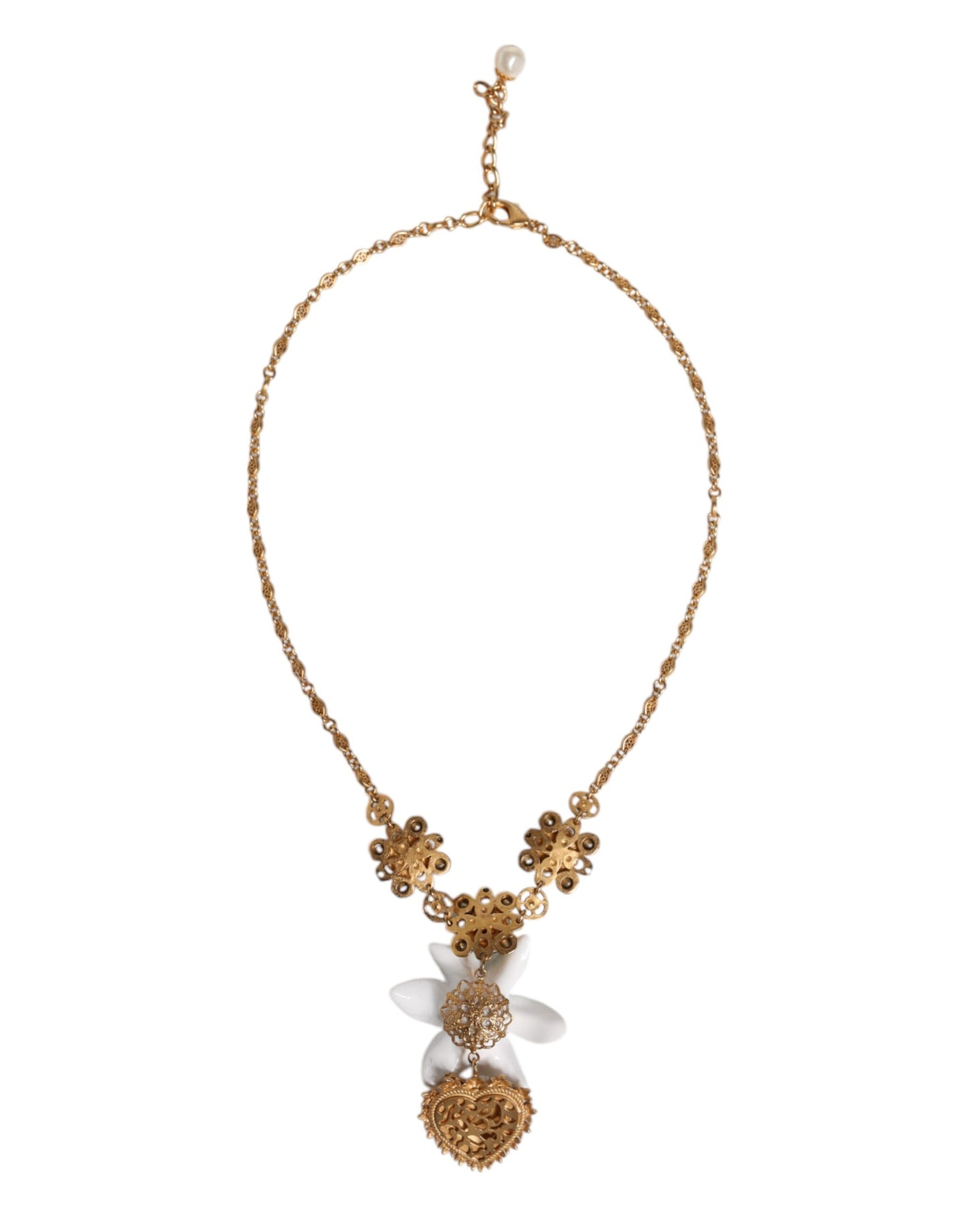 Dolce & Gabbana Gold Brass Lily Crystal Sacred Heart Pendant Necklace Dolce & Gabbana