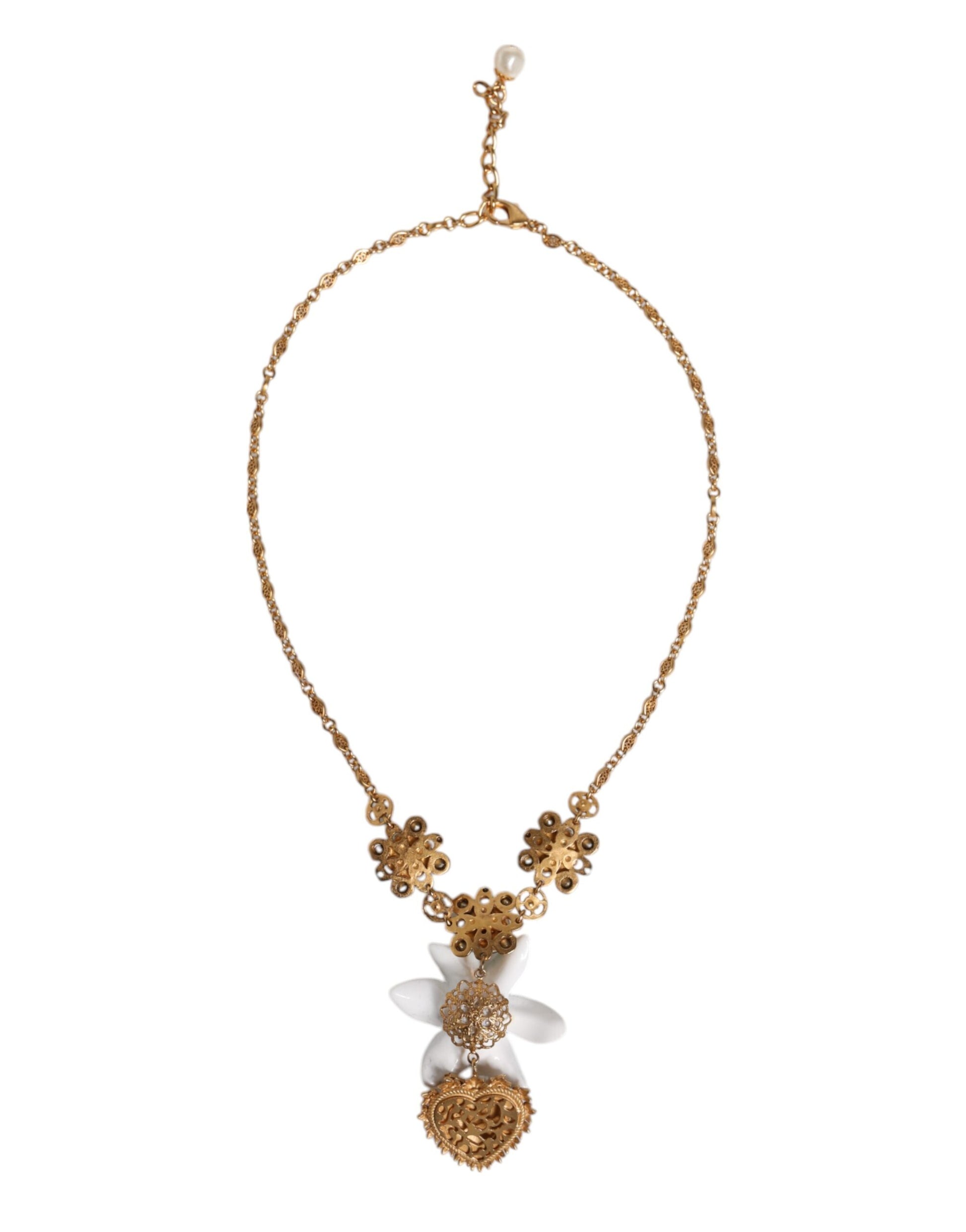 Dolce & Gabbana Gold Brass Lily Crystal Sacred Heart Pendant Necklace Dolce & Gabbana