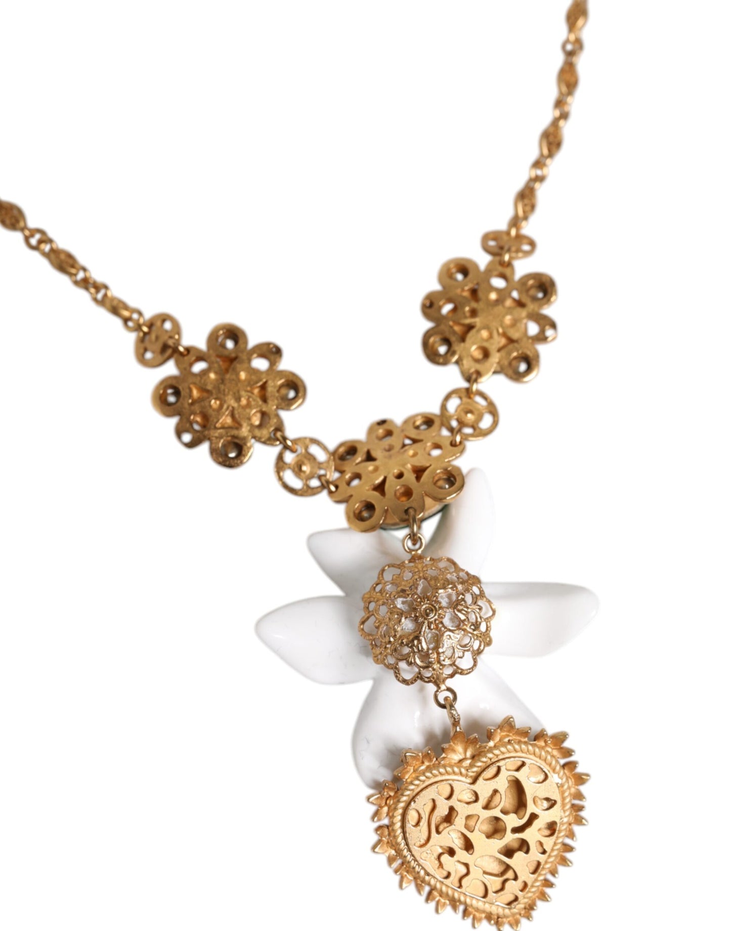 Dolce & Gabbana Gold Brass Lily Crystal Sacred Heart Pendant Necklace Dolce & Gabbana