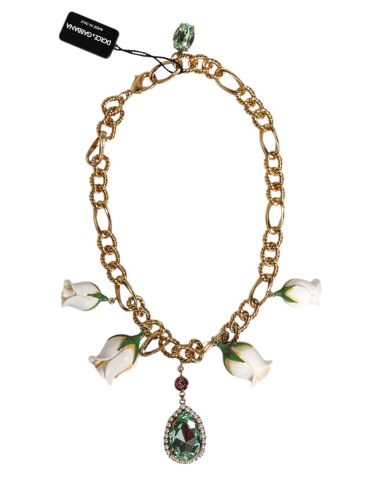 Dolce & Gabbana Gold Brass Short Chain Flower Crystal Pendant Necklace Dolce & Gabbana